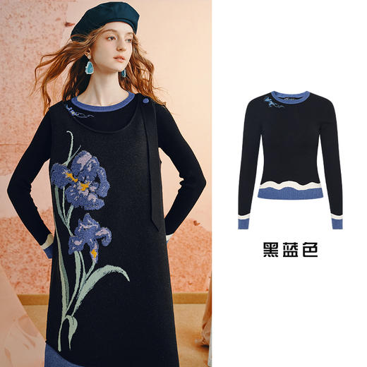 两三事梵高文艺 浪野之秋 2025秋季新款复古绣花拼色打底针织衫女 商品图1