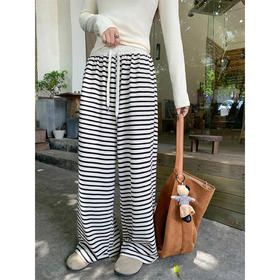 【129元任选2件】现货！韩版百搭抽绳条纹阔腿休闲裤