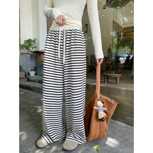 【129元任选2件】现货！韩版百搭抽绳条纹阔腿休闲裤 商品图0