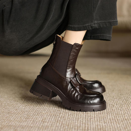 阿么手工女鞋厚底切尔西靴女复古冬季百搭纯色皮带扣真皮短靴5CM 商品图4