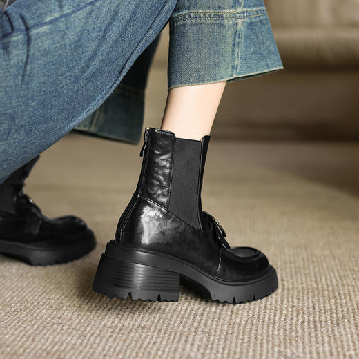 阿么手工女鞋厚底切尔西靴女复古冬季百搭纯色皮带扣真皮短靴5CM 商品图3