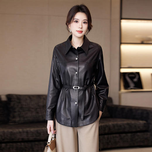 TC 23532真皮廓形植糅绵羊皮送腰带宽松休闲皮衣外套 商品图2