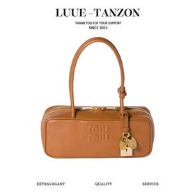 缪缪 Beau 正面压纹刻字徽标复古拉链开合 小牛皮 手提包 （LZ）