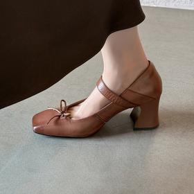 DQ1253手工女鞋~7cm高跟复古气质方头玛丽珍鞋春秋季蝴蝶结真皮粗跟单鞋
