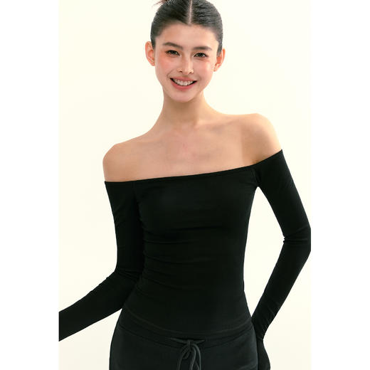 Ariseism 美式复古一字肩长袖t恤女秋季新款修身露肩上衣 商品图1