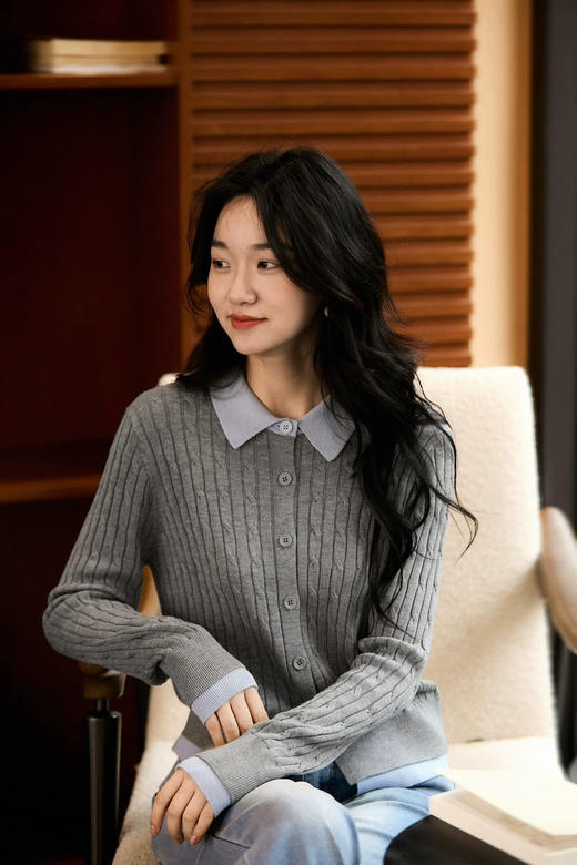 POLO翻领含羊毛混纺绞花毛衣开衫 商品图7