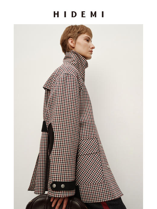 HIDEMI 进口色织格纹双层复合撞钉设计感拼接立领可拆卸腰带户外感口袋风衣外套 商品图6