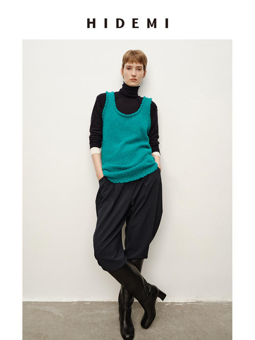 HIDEMI 进口花式粗纺绵羊毛混纺纱线肌理感u型领中长款遮臀手工车线撞色马甲背心 商品图2
