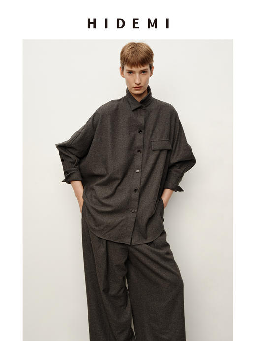 HIDEMI 极简衬衫设计感工装口袋毛呢套装 上衣/阔腿裤 商品图3