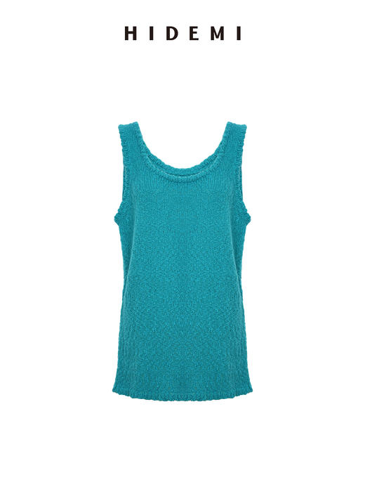 HIDEMI 进口花式粗纺绵羊毛混纺纱线肌理感u型领中长款遮臀手工车线撞色马甲背心 商品图7