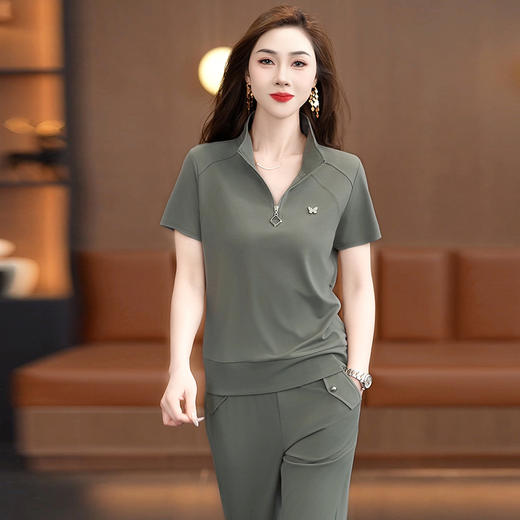 SP176-9913运动套装女夏季2025新款时尚洋气大码短袖长裤立领薄款宽松两件套 商品图3
