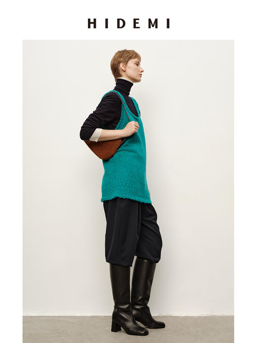 HIDEMI 进口花式粗纺绵羊毛混纺纱线肌理感u型领中长款遮臀手工车线撞色马甲背心 商品图5