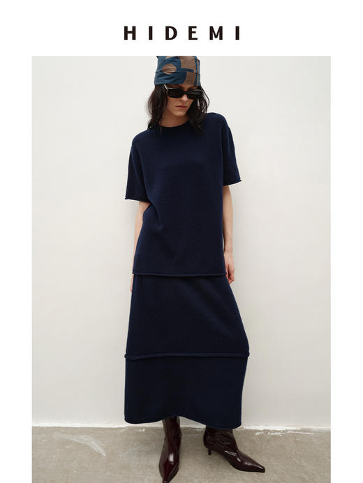 HIDEMI 进口澳洲美利奴羊毛极简廓形卷边设计感圆领套头短袖毛衣半裙套装 商品图5