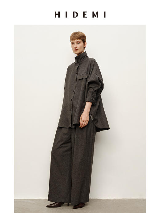HIDEMI 极简衬衫设计感工装口袋毛呢套装 上衣/阔腿裤 商品图1
