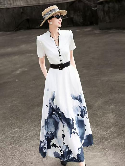 2025夏季新款超仙气质新中式水墨画印花长裙短袖收腰大摆连衣裙 商品图1