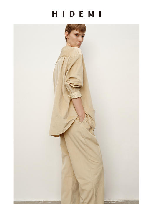 HIDEMI 简约廓形丝绒套装 衬衫/阔腿裤  米杏色/黑色 商品图4