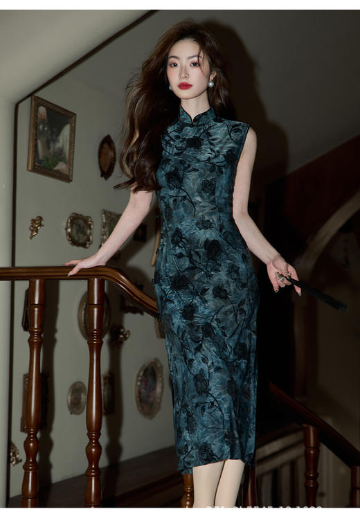 弹力牛奶丝藏青色新中式旗袍夏1037 商品图2