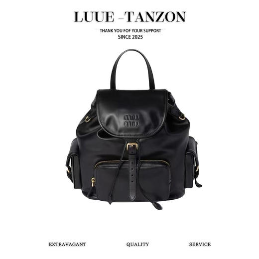 缪缪 品牌Logo徽标金色硬件 小牛皮 双肩包 （MM） 商品图0