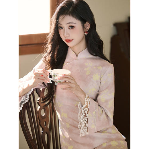 洛士博新中式复古旗袍轻奢高级感粉色2025秋款民国风大小姐长袖 商品图1