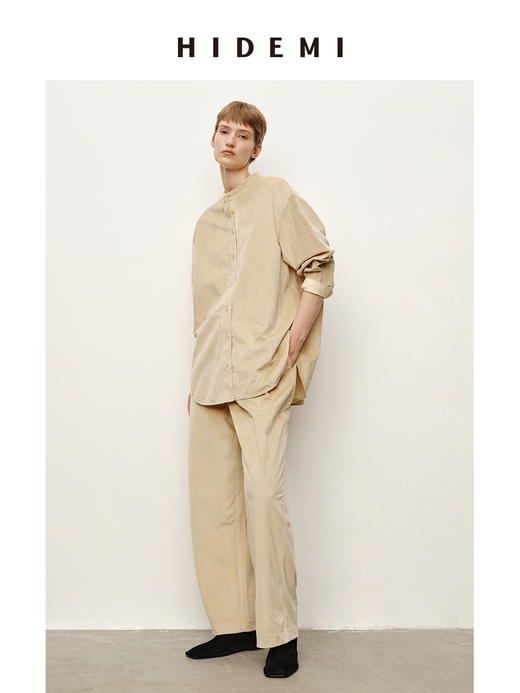 HIDEMI 简约廓形丝绒套装 衬衫/阔腿裤  米杏色/黑色 商品图2