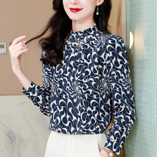 KQL369H99792025年秋装新款桑蚕丝立领钉珠印花长袖雪纺衬衫女春秋洋气衬衣 商品图0