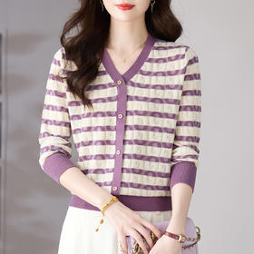 V领条纹针织衫，小香风长袖上衣打底小衫CC-101-82067