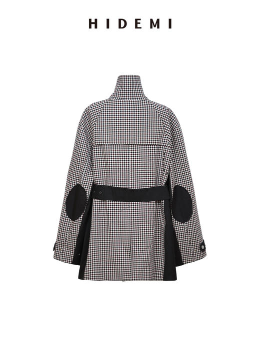 HIDEMI 进口色织格纹双层复合撞钉设计感拼接立领可拆卸腰带户外感口袋风衣外套 商品图9