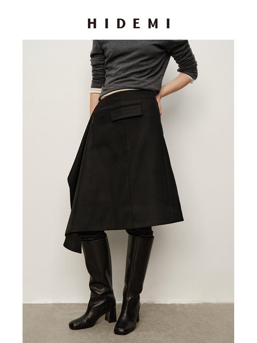 HIDEMI 极简不对称设计感西装口袋手工拱针堆叠半身裙 商品图2