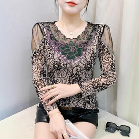 2025年秋冬新款长袖时尚洋气v领花边领烫钻拼接网纱显瘦小众女装