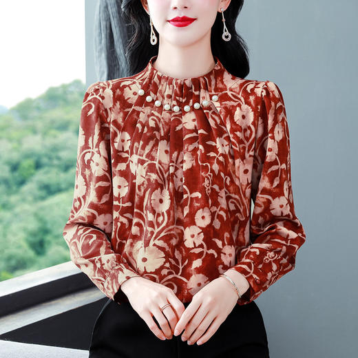 KQL369H99782025年秋装新款缎面立领钉珠印花长袖雪纺衬衫女春秋洋气衬衣 商品图4