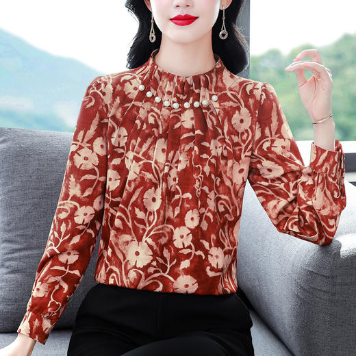 KQL369H99782025年秋装新款缎面立领钉珠印花长袖雪纺衬衫女春秋洋气衬衣 商品图1