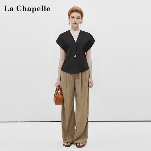 拉夏贝尔/La ChapelleV领短袖设计扣开衫女法式设计感小众洋气时尚高级感上衣 商品图2