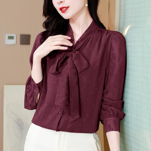 KQL369H9981系带雪纺提花显瘦长袖上衣2025秋新款时尚百搭通勤气质衬衫女 商品图1