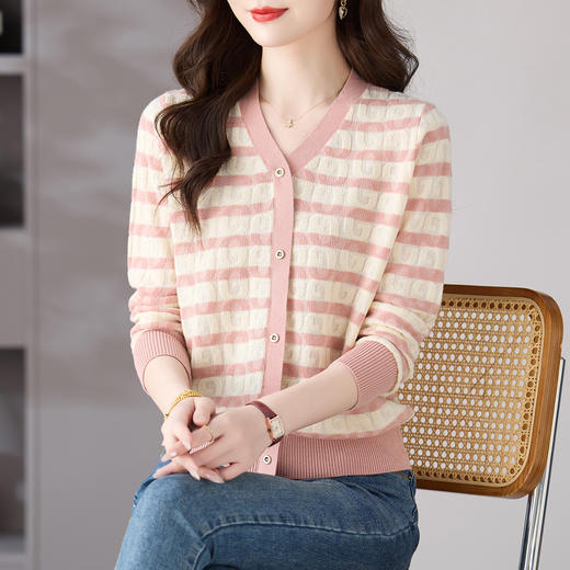 V领条纹针织衫，小香风长袖上衣打底小衫CC-101-82067 商品图2