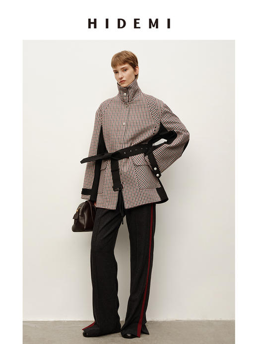 HIDEMI 进口色织格纹双层复合撞钉设计感拼接立领可拆卸腰带户外感口袋风衣外套 商品图2