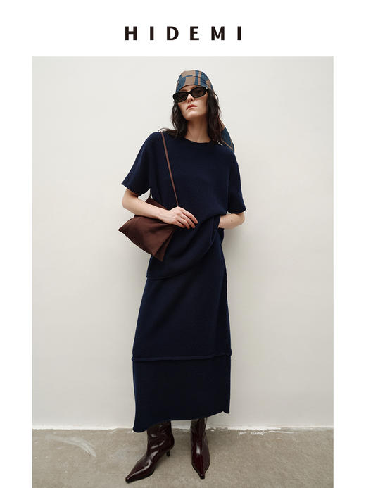 HIDEMI 进口澳洲美利奴羊毛极简廓形卷边设计感圆领套头短袖毛衣半裙套装 商品图6