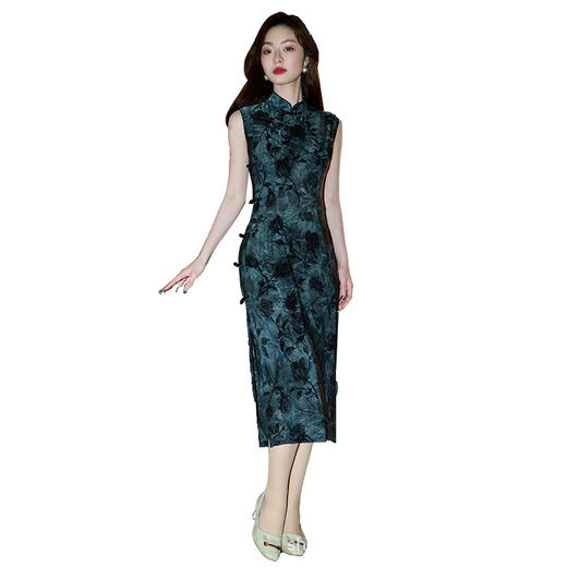 弹力牛奶丝藏青色新中式旗袍夏1037 商品图4