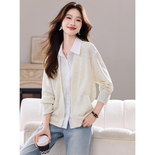 假两件衬衫拼接针织开衫，薄款毛衣外套长袖上衣CC-J6868 商品图2