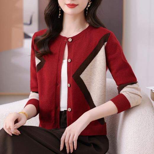 撞色几何拼接单排扣上衣，宽松百搭毛衣时尚外套CC-QQH-9192 商品图0