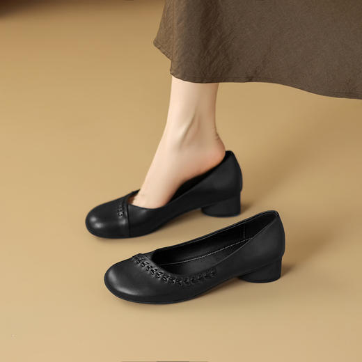 【预售5天】法式超软羊皮圆头低跟浅口单鞋女真皮粗跟百搭小皮鞋NDXC&7156 商品图2