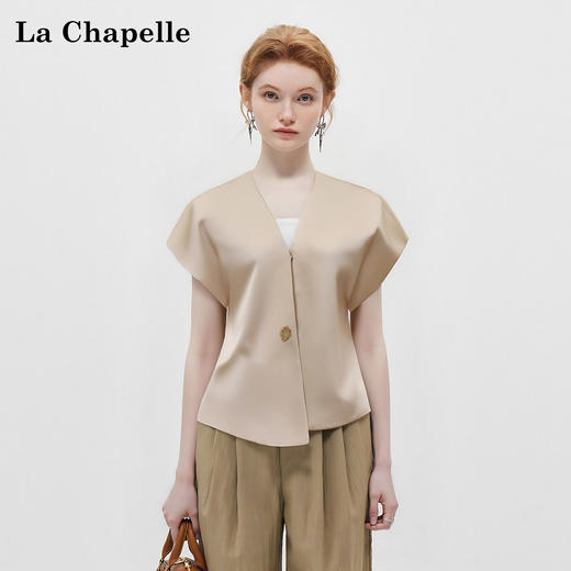 拉夏贝尔/La ChapelleV领短袖设计扣开衫女法式设计感小众洋气时尚高级感上衣 商品图3