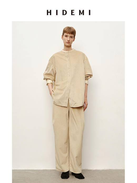 HIDEMI 简约廓形丝绒套装 衬衫/阔腿裤  米杏色/黑色 商品图0