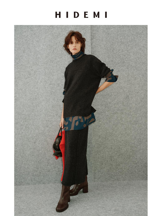 HIDEMI 进口澳洲美利奴羊毛极简廓形卷边设计感圆领套头短袖毛衣半裙套装 商品图2
