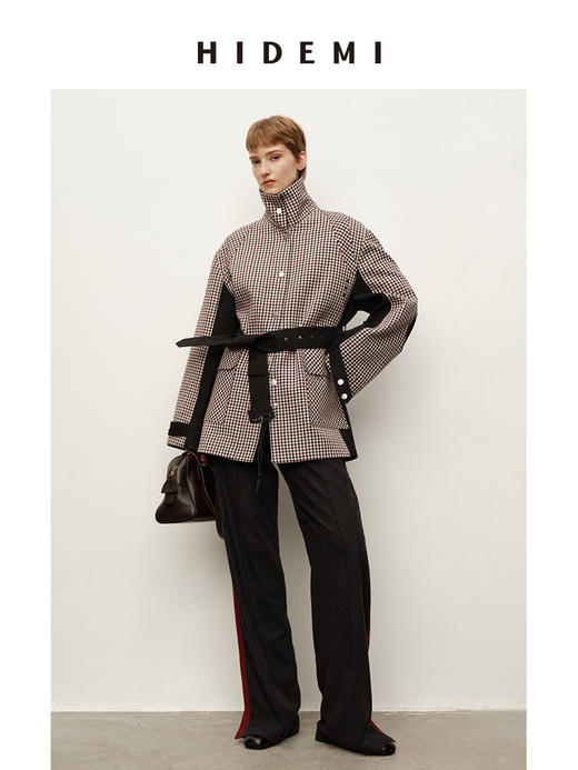 HIDEMI 进口色织格纹双层复合撞钉设计感拼接立领可拆卸腰带户外感口袋风衣外套 商品图3