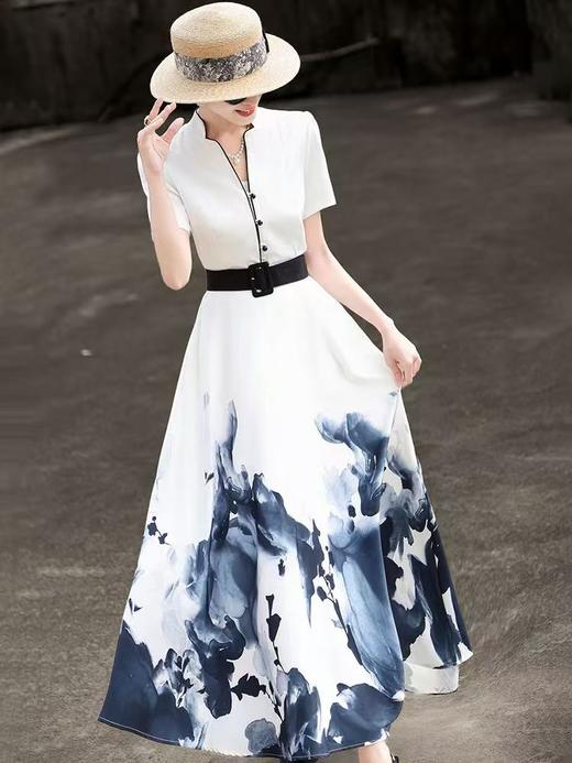 2025夏季新款超仙气质新中式水墨画印花长裙短袖收腰大摆连衣裙 商品图2