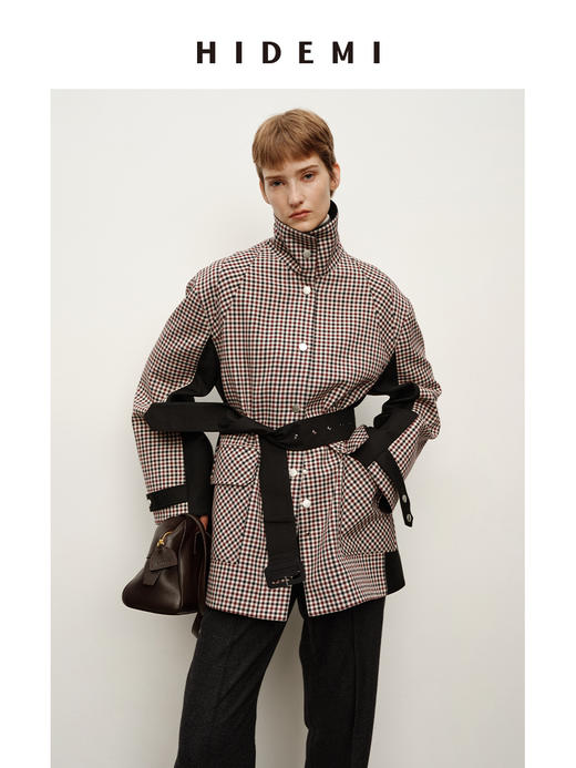 HIDEMI 进口色织格纹双层复合撞钉设计感拼接立领可拆卸腰带户外感口袋风衣外套 商品图5