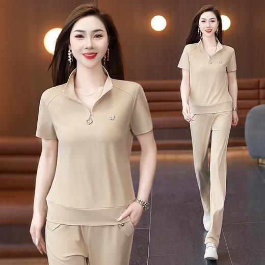 SP176-9913运动套装女夏季2025新款时尚洋气大码短袖长裤立领薄款宽松两件套 商品图2