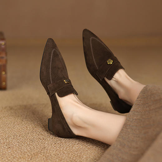 【预售5天】简约通勤粗跟磨砂羊皮单鞋，显瘦乐福鞋复古新款真皮尖头小皮鞋DS&1855 商品图2