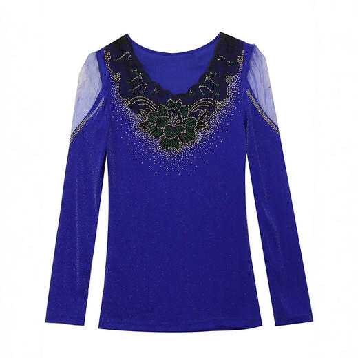 2025年秋冬新款长袖时尚洋气v领花边领烫钻拼接网纱显瘦小众女装 商品图4