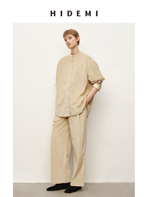 HIDEMI 简约廓形丝绒套装 衬衫/阔腿裤  米杏色/黑色 商品图1
